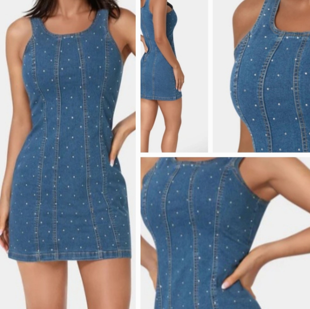 Denim Mini Dress Rhinestones Medium